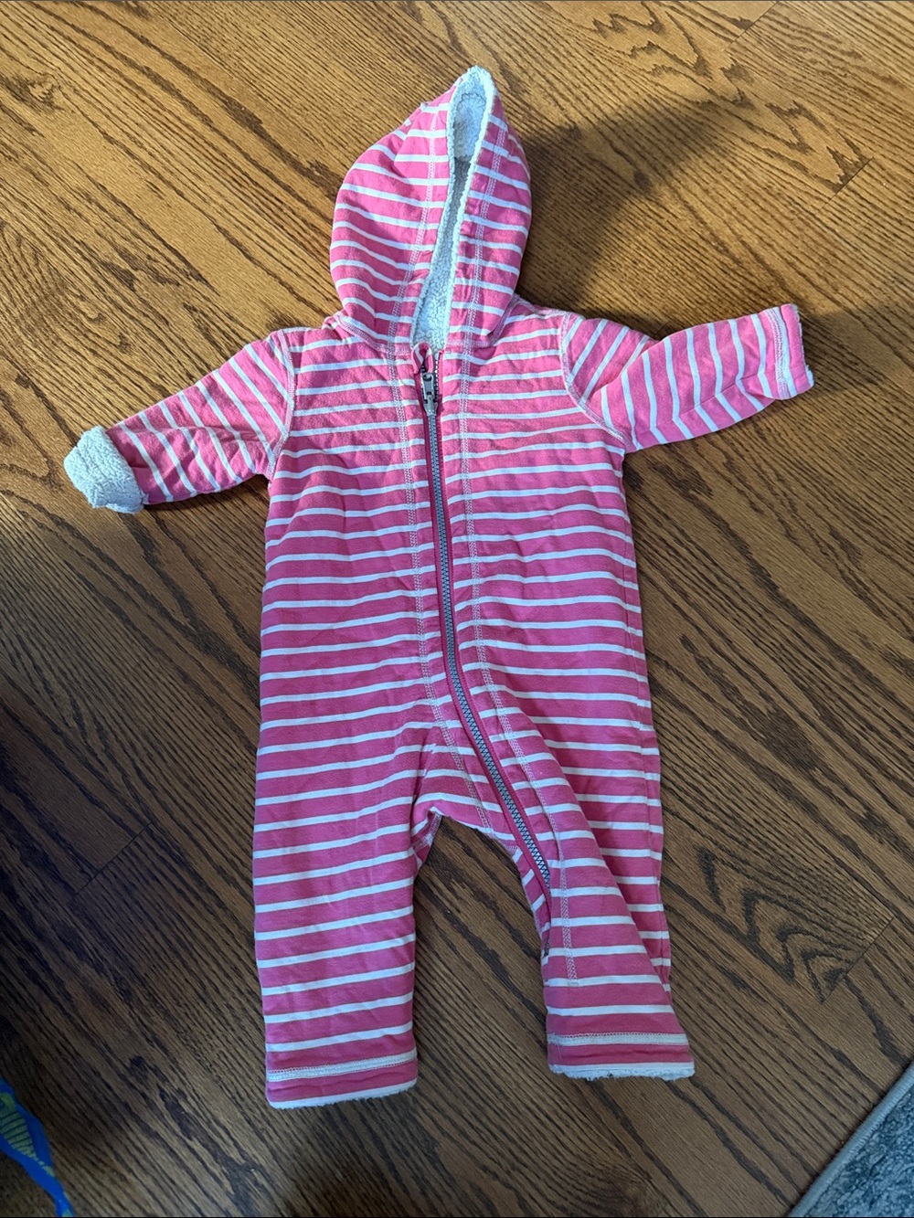 Hanna Andersson Pink and White Striped Hooded One-Piece